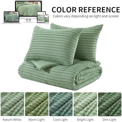 HOMBYS Oversized King Boho Comforter Set 128x120, Sage Green Tufted Jacquard Geometry Bedding Comforter for King Bed, Shabby Chic Bed Sets with 2 Matching Pillow Cases