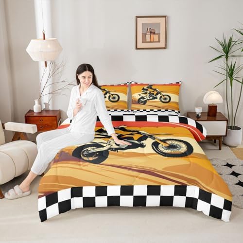 Feelyou Orange Motocross Rider Comforter Set Desert Dirt Bike Bedding Set with 2 Pillow Cases Sunset Track Design Full Checkered Flag Room Decor Off-Road Motorcycle Duvet Quilt Soft Lightweight