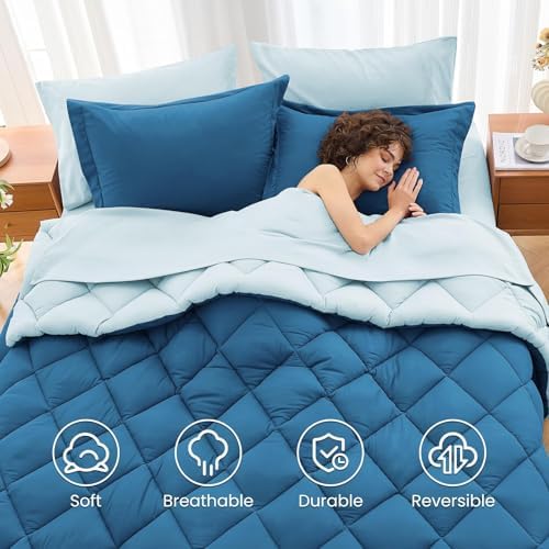 MUXHOMO 7 Pieces Full Comforter Set, Reversible Bed in a Bag Full Size, All Season Bedding Set with Comforter, Flat Sheet, Fitted Sheet, Pillowcases & Shams, Teal & Lake Blue