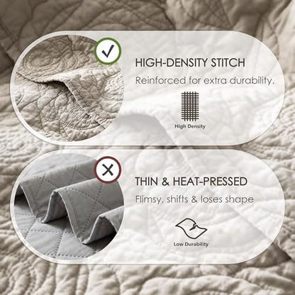 WDCOZY Beige 100% Cotton Quilt Twin Size Bedding Sets with 1 Pillow Shams, Floral Rosette Lightweight Bedspread Soft Farmhouse Patterned Coverlet Quilted Comforter Bed Cover for All Season, 2 Pieces