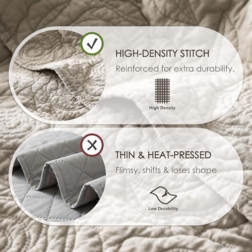 WDCOZY Beige 100% Cotton Quilt King Size Bedding Sets with 2 Pillow Shams, Floral Rosette Lightweight Bedspread Soft Farmhouse Patterned Coverlet Quilted Comforter Bed Cover for All Season, 3 Pieces