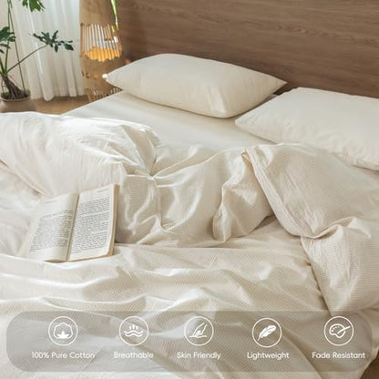 MooMee Striped Duvet Cover Set 100% Washed Cotton Linen Like Super King