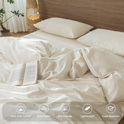 MooMee Striped Duvet Cover Set 100% Washed Cotton Linen Like Super Queen