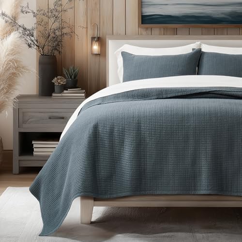 EverGrace 100% Cotton Modern Grid Stitch Quilt Set Queen Size Midnight Blue