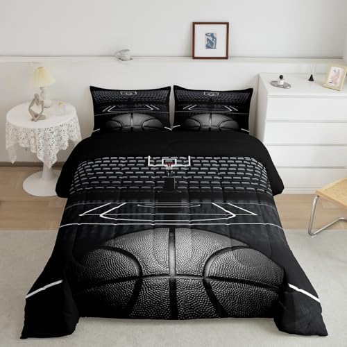Black Basketball Comforter Set Queen Size for Kids Boys,3D Basketball Court Quilt Set 3Pcs,Teens Child Room Decor Ball Sports Gaming Theme Bedding Set Modern Fashion Duvet Insert,2 Pillowcases