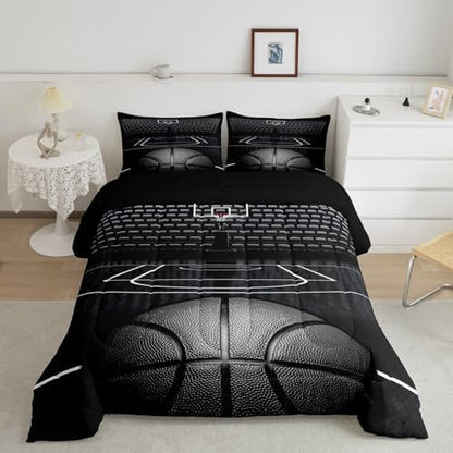 Black Basketball Comforter Set Twin Size for Kids Boys,3D Basketball Court Quilt Set 2Pcs,Teens Child Room Decor Ball Sports Gaming Theme Bedding Set Modern Fashion Duvet Insert,1 Pillowcase