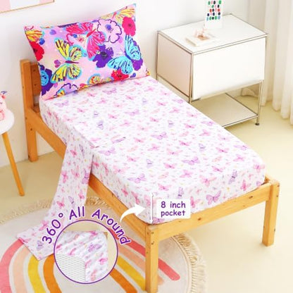 Mooreeke Toddler Bedding Sets for Girls,4 Pieces Butterfly Flowers Printed