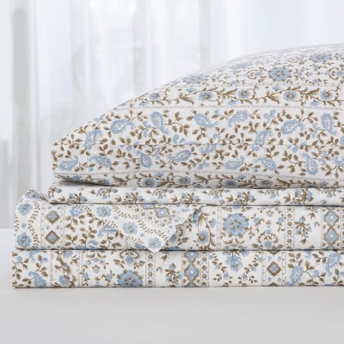 DAUAOTO Queen Size Printed Sheets Set, 100% Cotton Bedding Sets, Up to 14" Deep Mattress, Vintage Cottagecore Pattern Bedlinen Set, Flower Blue