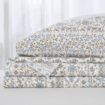 DAUAOTO Queen Size Printed Sheets Set, 100% Cotton Bedding Sets, Up to 14" Deep Mattress, Vintage Cottagecore Pattern Bedlinen Set, Flower Blue