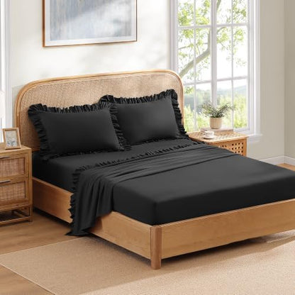 ROSE&RISY Queen Ruffle Sheet Set 4 Piece - Black Soft Lightweight Microfiber Bedding with Deep Pocket, Breathable Ruffled Flat Sheet & Pillowcases (Black, King Size)