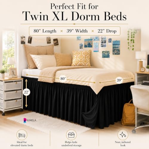Dorm Room Bed Skirt Twin XL 22" Drop, College Split Corner Bedskirt, Black