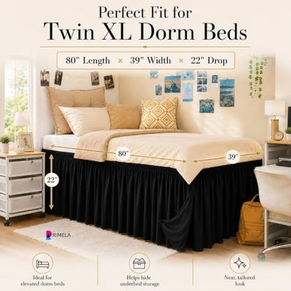 Dorm Room Bed Skirt Twin XL 22" Drop, College Split Corner Bedskirt, Black