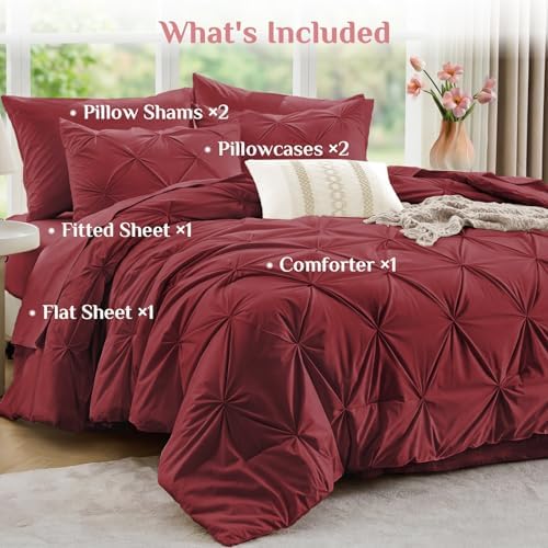 JOLLYVOGUE Queen Comforter Set 7 Pieces - Bed in a Bag Queen for All Season, Pintuck Bedding Comforter Sets with Comforter, Flat Sheet, Fitted Sheet and Pillowcases & Shams, Burgundy