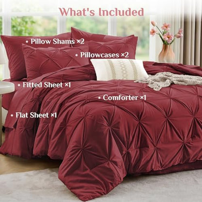 JOLLYVOGUE King Size Comforter Set 7 Pieces - Bed in a Bag King for All Season, Pintuck Bedding Comforter Sets with Comforter, Flat Sheet, Fitted Sheet and Pillowcases & Shams, Burgundy
