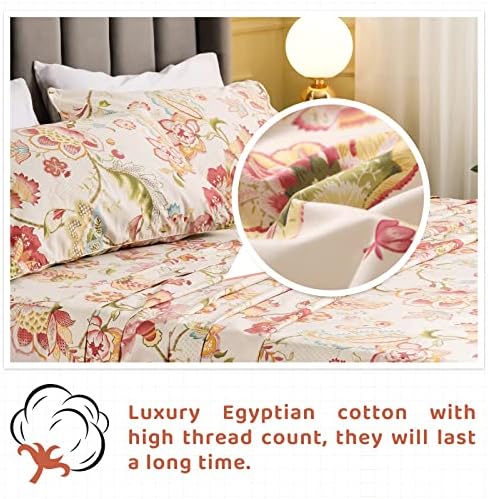 QSH Floral Bed Sheets Set - Queen Size Boho Lotus Print Bed Sheet Set - Extra Soft and Breathable 100% Egyptian Cotton - Farmhouse Bedding - 4 pcs Deep Pockets Flower Bed Sheets