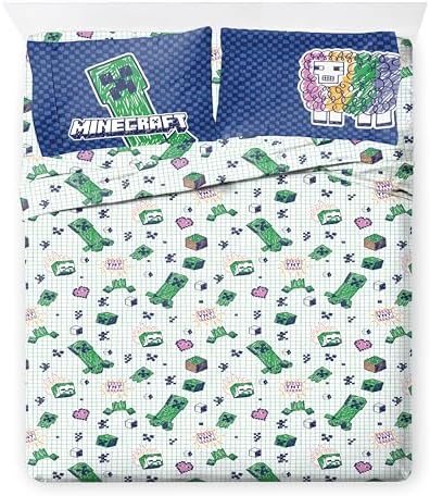 Minecraft Creeper Full Size Comforter Set 7 Piece Kids Bedding, Blue