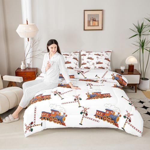 Feelyou Yellow Vintage Train Comforter Set King Size Retro Steam Locomotive Down Bedding Set for Kids Boys Girls Transportation Vehicles Duvet Quilt Bedroom Decor Microfiber 3 Pcs with 2 Pillow Cases