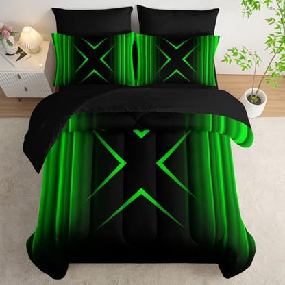 Nttopship Black and Green Geometric Comforter Set Twin Size 7Pieces,3D Abstract Mordern Printed Bedding Set for Adults,Geometric Mordern Decor All Seasons with Pillowcases,Flat, Fitted Sheet