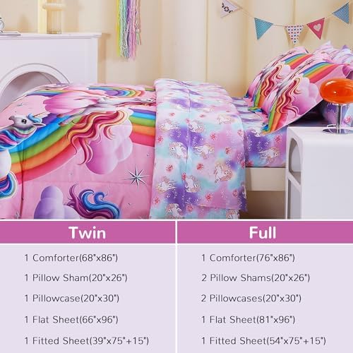 Viviland Kids Full Bedding Sets, Girls Comforter, Unicorn Pink Rainbow