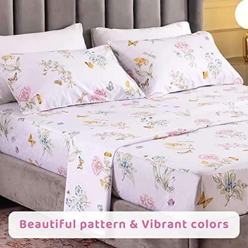 QSH Floral Queen Size Sheet Sets - Flower Butterfly Print Pattern Egyptian Cotton Printed Bedding Sheets Queen Size Bed Extra Soft and Breathable 4pcs Deep Pockets Bed Sheets