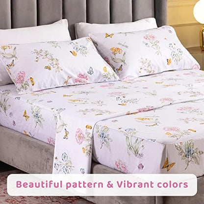 QSH Floral Queen Size Sheet Sets - Flower Butterfly Print Pattern Egyptian Cotton Printed Bedding Sheets Queen Size Bed Extra Soft and Breathable 4pcs Deep Pockets Bed Sheets