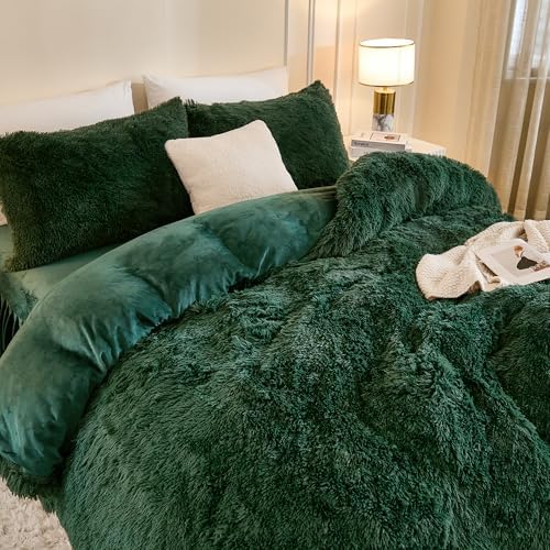 Andency Dark Emerald Green Twin Comforter Set, Fluffy Faux Fur Warm Bed Set