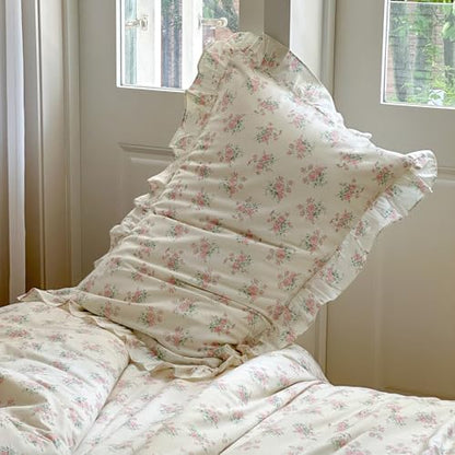 mixinni Pink Floral Duvet Cover Set Twin XL Size - 100% Cotton Ruffle Lace Bedding Set for Girls, Romantic Cottagecore Style Duvet Cover with Zipper Closure, Soft Aesthetic Princess Bedding-Twin XL
