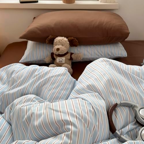 mixinni Vintage Striped Twin XL Duvet Cover Set, Washed Microfiber Coastal Bedding, Light Blue Brown Vertical Stripe Comforter Cover with Zipper & Corner Ties, (1 Duvet Cover + 2 Pillowcases)
