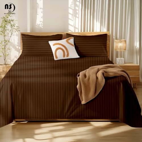 NON Sticky cotton Full 4 Piece Sheet Set, 100% Long Staple Cotton, Soft Cooling Hotel Luxury Bedding Sheets, Deep Pocket Fits 10" to 18" Mattress, 54" x 75", Chocolate Stripe