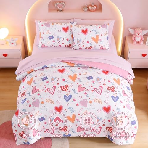 Girls Twin Bedding Set - 5 Pieces Heart Pattern Twin Comforter Set for Kids