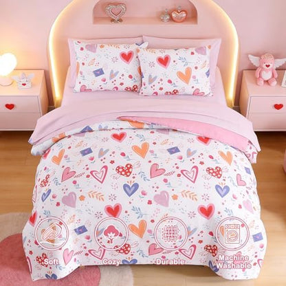 Girls Twin Bedding Set - 5 Pieces Heart Pattern Twin Comforter Set for Kids