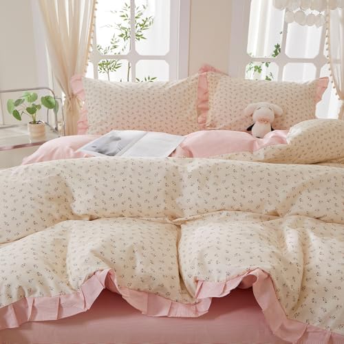mixinni Pink Floral Duvet Cover Set Twin Size – 100% Cotton Ruffle Lace Bedding, Romantic Blushing Flower Print, Reversible Striped Pattern, Cottagecore Soft Aesthetic Princess Bedding for Girls