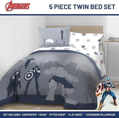 Marvel Avengers Twin Comforter Set 5 Piece Soft Bedding for Boys, Blue