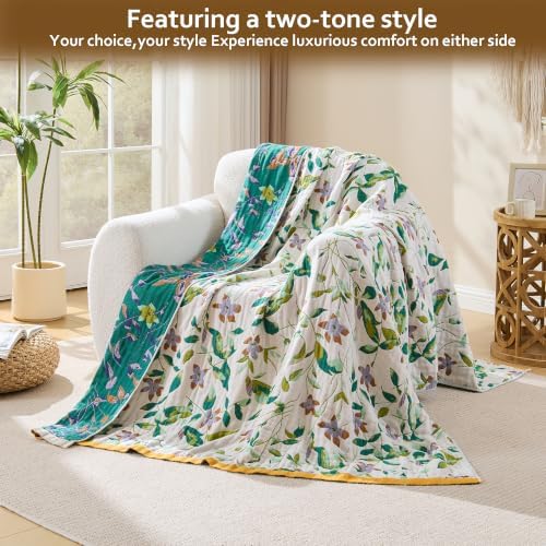 VANJOROY King Boho Throw Blanket, 100% Organic Cotton Breathable Skin-Friendly Ultra Soft 91" x 98" Bed Quilt Throw - Floral Rustic Decor Luxury Reversible Blanket for Sofa Couch Chair and Gift
