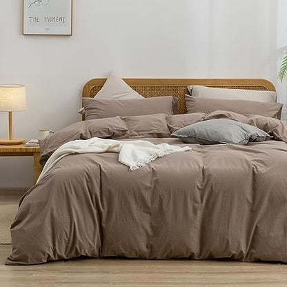 BESTOUCH Cotton Solid Duvet Cover Set Linen Feel Pine Bark Brown Full