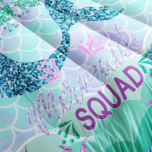 Nttopship Mermaid Tail Comforter Sets Queen Size，Bedding Sets for Kids,Mermaids Turtles Starfish Comforter Sets，Kids Room Decor with 1 Comforter with 2 Pillow Case