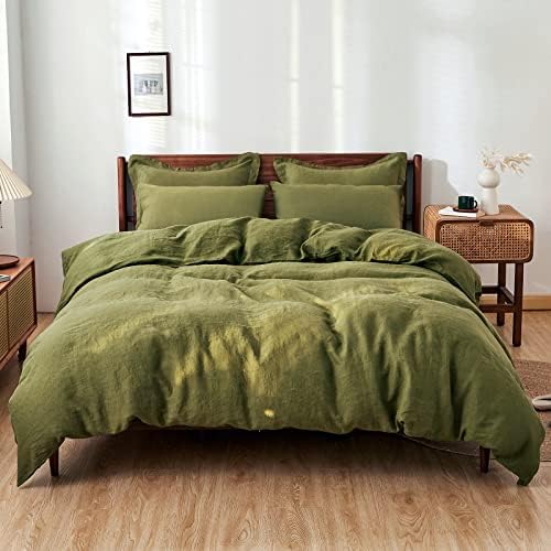 Simple&Opulence 100% Washed Linen Duvet Cover Set 5pcs(1 Duvet Cover& 2 Shams& 2 Pillowcases) Basic Style Natural French Flax Soft Breathable Farmhouse Bedding (Queen, Olive Green)