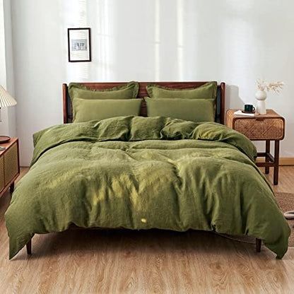 Simple&Opulence 100% Washed Linen Duvet Cover Set 5pcs(1 Duvet Cover& 2 Shams& 2 Pillowcases) Basic Style Natural French Flax Soft Breathable Farmhouse Bedding (Queen, Olive Green)