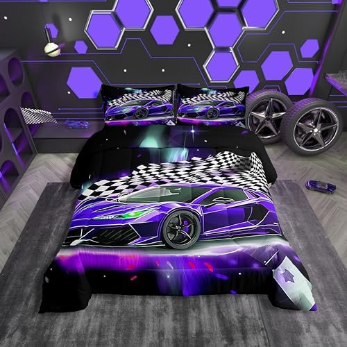 Purple Race Car Comforter Set, Black Bedding Full Size for Kids Teens