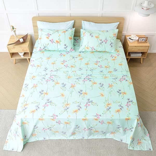 JSD Green Floral Printed Sheet Set Twin Size, 3 Piece Soft Botanical Microfiber Sheets Extra Deep Pocket