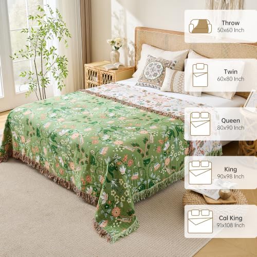 VANJOROY Boho Throw Blanket, 100% Organic Cotton Breathable Skin-Friendly Ultra Soft 50" x 60" Bed Quilt Green Throw - Floral Rustic Decor Luxury Reversible Blanket for Sofa Couch Chair and Gift,