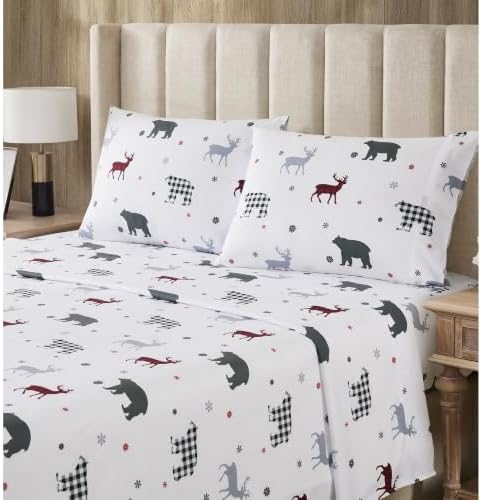 Sweet Home Collection Flannel Christmas Sheet Set, Bear Deer Plaid Queen, Deep Pocket Soft Brushed Microfiber Holiday Bedding with Fitted Sheet, Flat Sheet & Pillowcase(s)