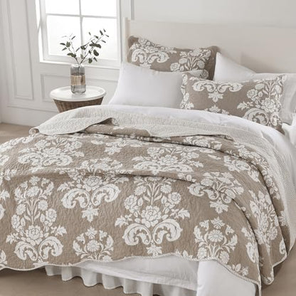 Queen Size Quilt Set - 100% Cotton Taupe and White Quilts, 90x98