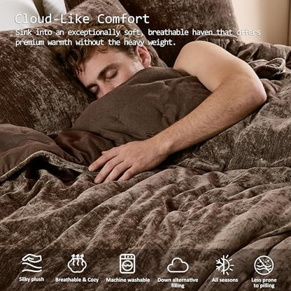 WDCOZY Cloud Soft Queen Size Quilt Set, Chocolate Brown Chenille Velvet