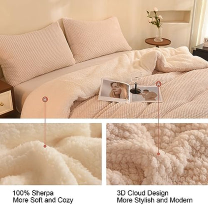 LLanCL 3D Jacquard Design Comforter Set, Ultra-Soft Warm Queen Size Sherpa Fur Plush 3-Pieces Sets Luxury Cozy Bedding with 2 Pillowcases (90"x90", Cream White)