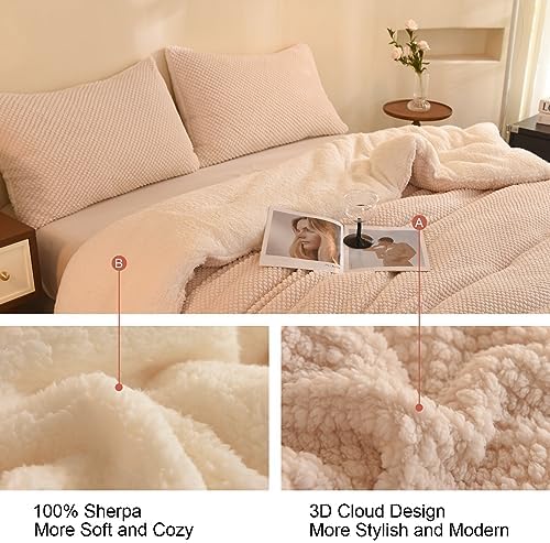 LLanCL 3D Jacquard Design Comforter Set, Ultra-Soft Warm Full Size Sherpa Fur Plush 3-Pieces Sets Luxury Cozy Bedding with 2 Pillowcases (80"x90", Cream White)