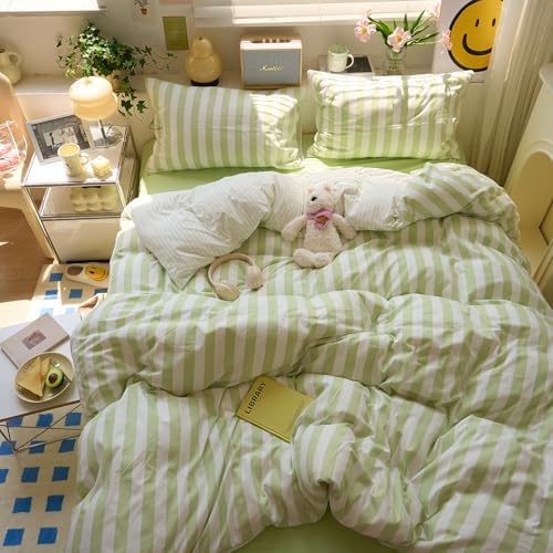 VM VOUGEMARKET Striped Duvet Cover Set Queen Teens Boys Girls Dorm Bedding Set Soft Lightweight Reversible Microfiber Farmhouse Duvet/Quilt Cover-90 x90,Green White