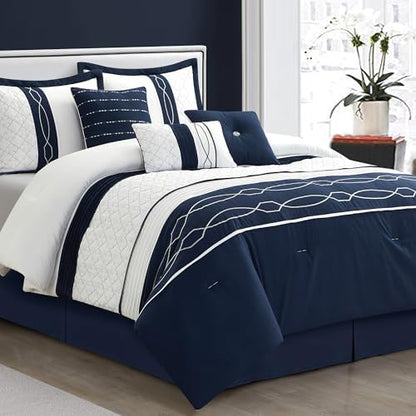 LANCO MODERN LIFESTYLE 7 Piece Comforter Set, King, White Navy Geometric Design, 100% Polyester, Luxury All Seasons Bed Set Includes Comforter, Bed Skirt, Pillow Shams, and Decorative Pillows