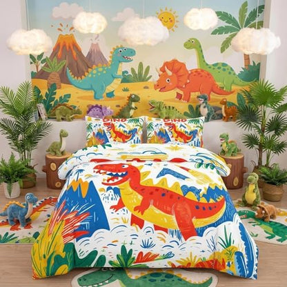 Helloosun 5PCS Dinosaur Comforter Sets Full,Cartoon Dinosaur Bedding Sets for Kids,Colourful Toddler Comforter Full