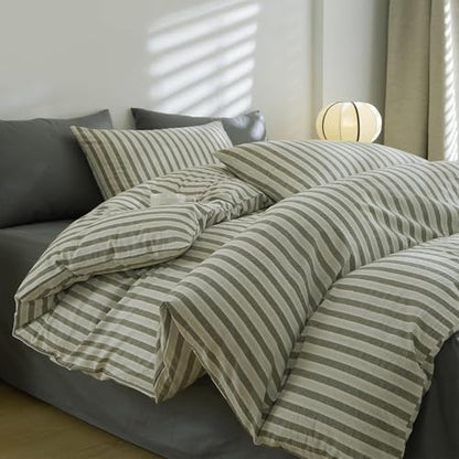 LifeTB Grey Striped Comforter Set Queen, Vintage White Grey Stripes Pattern Printed Bedding Set, Lightweight 3 Pieces Bedding Comforter with 2 Pillowcases, Farmhouse Striped Queen Comforter Set